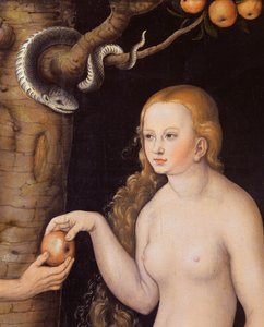 Eva ofrer eplet til Adam i Edens hage og slangen, ca. 1520-25 olje på tre detalj av 407328